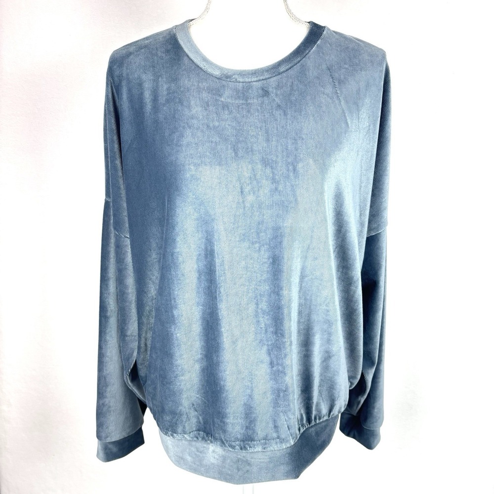 Hunkemoller Blue Gray Sweatshirt Ribbed Velour Long Sleeve Top XL Crew Neck
